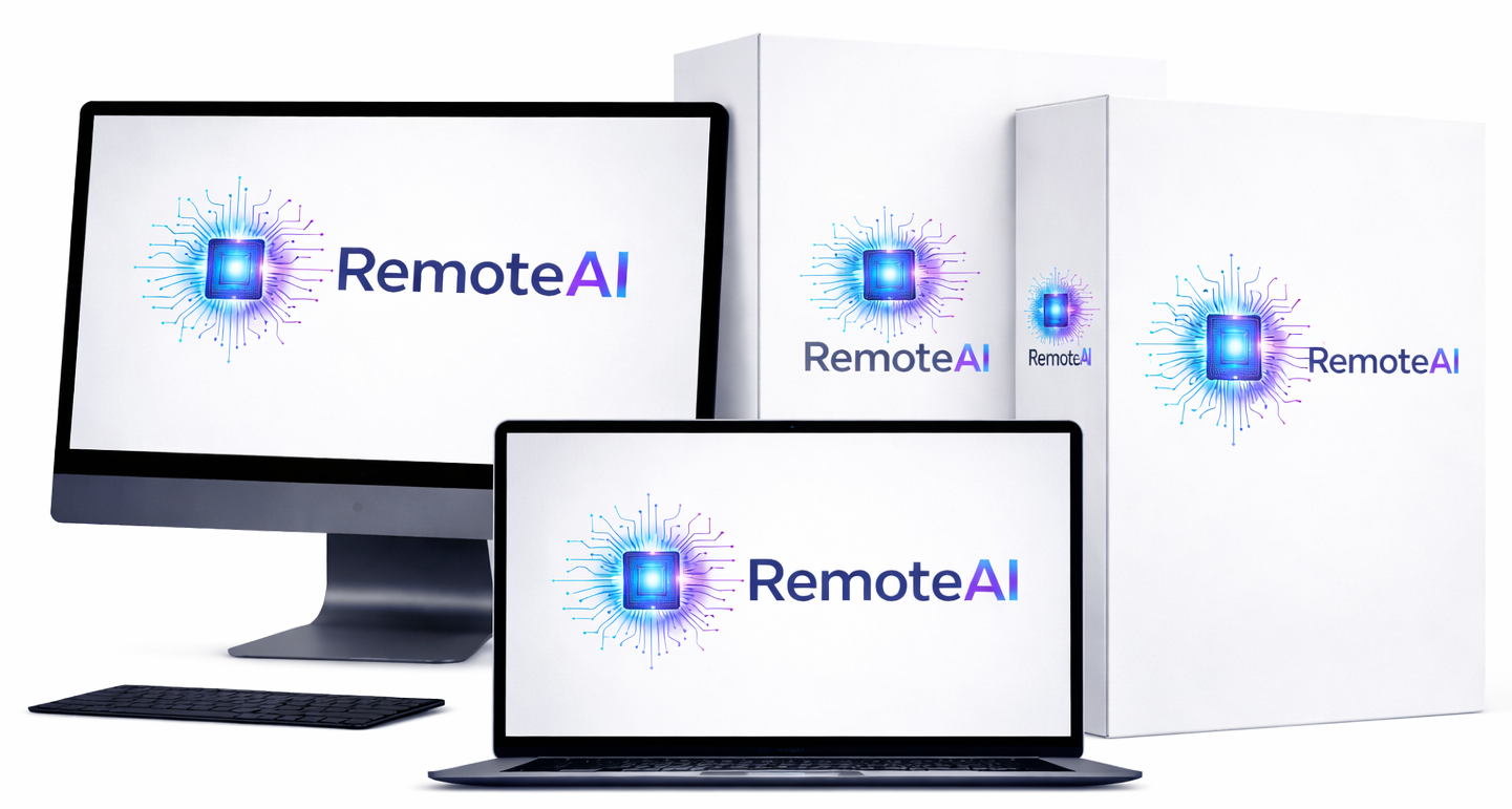 RemoteAI product packaging displayed on desktop and laptop screens